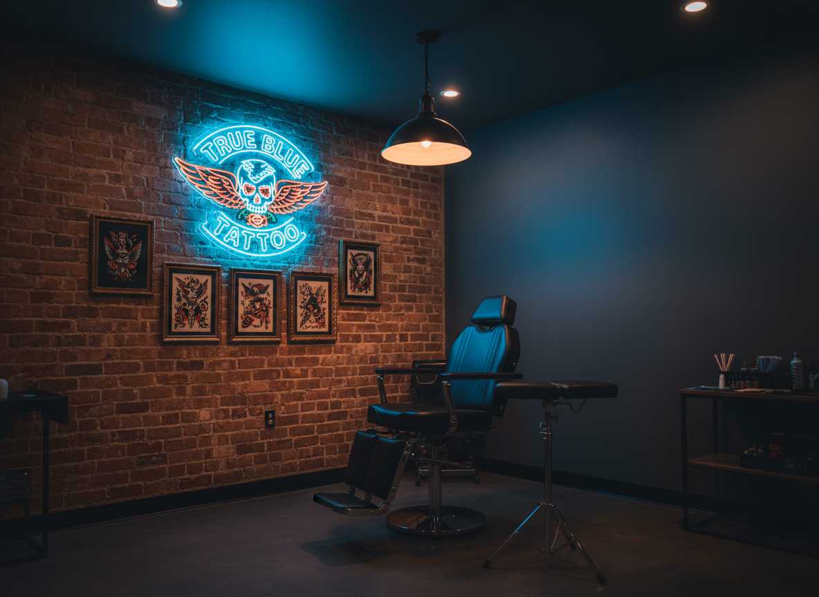 Moody interior of a modern tattoo studio with exposed brick, neon accent light and framed flash art